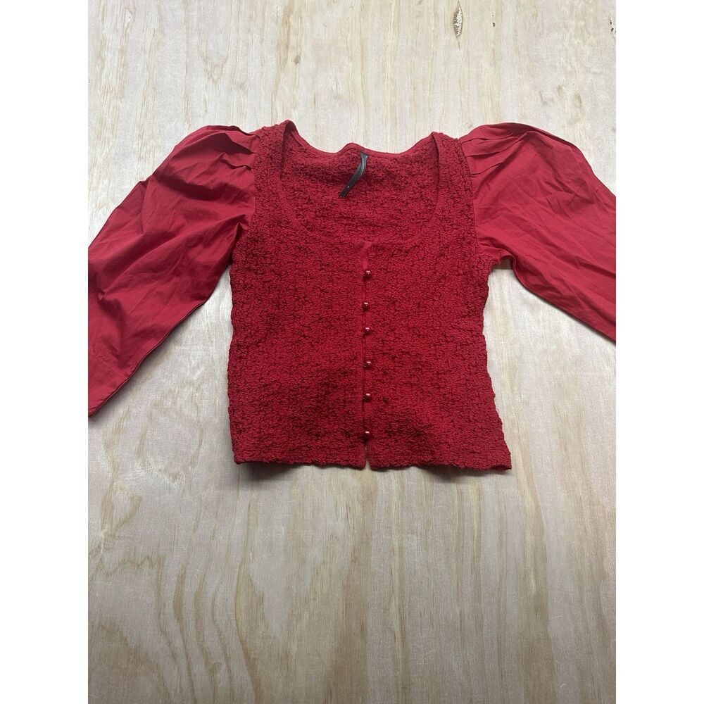 Anthropologie Women’s Red Smocked Blouse‎ XS Fitted 3/4 Sleeve